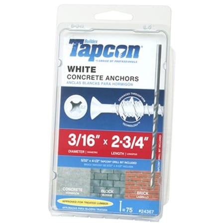 Itw 0.18 x 2.75 in. Steel Phillips Head Tapcon Concrete Anchor, White, 75PK 196294